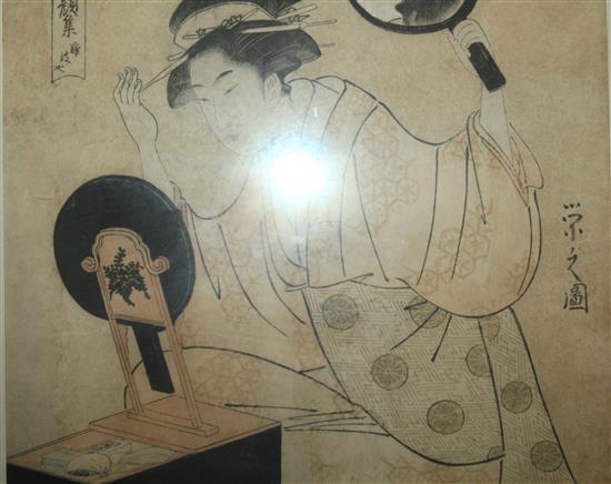 Chobunsai Eishi Geisha dressing her hair, 14.5 x 9.5in.